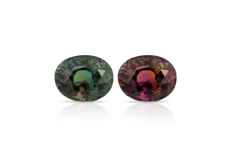 a color-changing Alexandrite stone shown under two lighting conditions