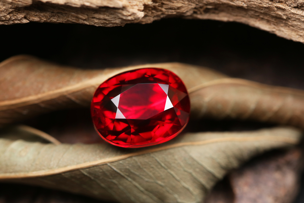 a faceted ruby sitting on a leaf